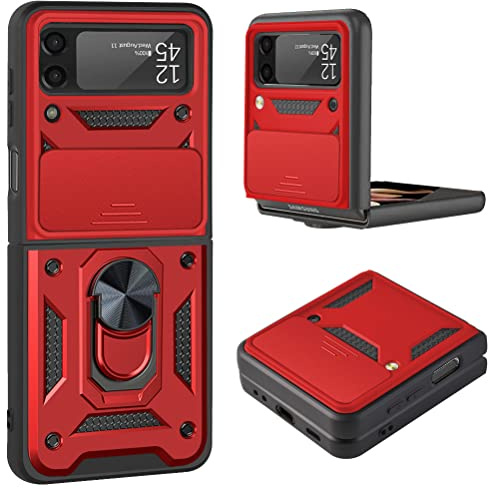 HAOYE Hülle für Samsung Galaxy Z Flip 3 (Z Flip3) 5G, Handyhülle mit 360 Grad Finger-Halter Kickstand und Verschiebbare Kameraabdeckung, TPU + PC Schutzhülle Case. Rot