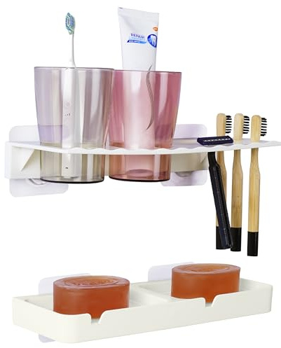 Belle Vous Etagere Salle de Bain sans Percage pour Brosse à Dents & Savon - Étagère de Douche sans Perçage - Porte Dentifrice Mural, Gobelets, Brosse à Dents Électrique & Accessoires