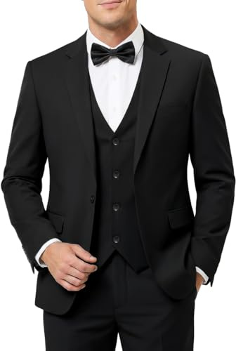 Men's 3-Piece Slim Fit Suit with Bow Tie, Single Button Blazer Vest Pants Set for Wedding Business, Formal Suit for Men Black