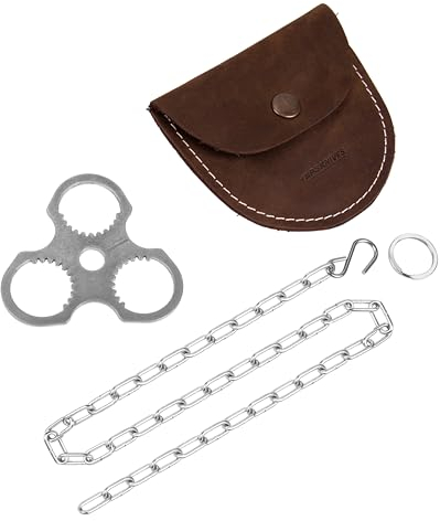 BPS Knives Camping-Stativplatte mit Ledertasche – Verwandeln Sie Äste in ein Lagerfeuer-Stativ – Lagerfeuer-Stützplatte mit verstellbarer Kette zum Aufhängen von Kochgeschirr – Outdoor-Kochen