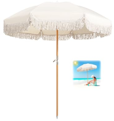 180cm Strandschirm Uv Schutz Gartenschirm Groß Mit Quasten Sonnenschirm Neigbar Marktschirm Wasserdicht Mit Tragetasche Für Garten Terrasse Pool Balkon/Mit Tragetasche ( Color : White , Size : 180cm/6