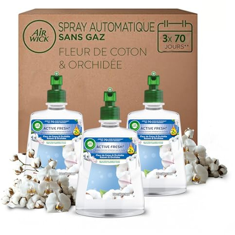 Air Wick Désodorisant Maison Spray Automatique Sans Gaz Active Fresh - 3 Recharges Parfum Fleur de coton + Orchidée - Les visuels et titres peuvent varier