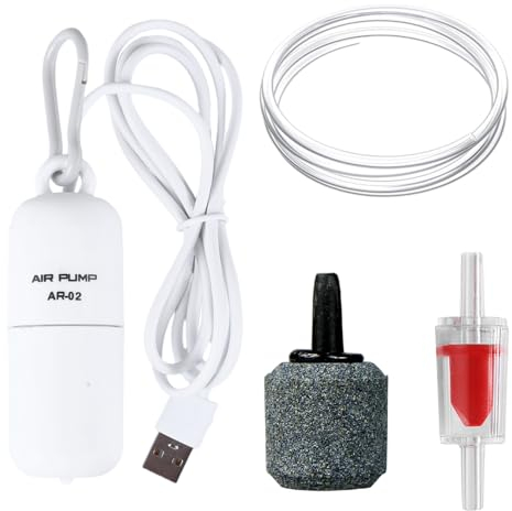 Luftpumpe für Aquarien, Mini Sauerstoffpumpe für Fischtanks, Geräuscharmer Luftbelüfter für Aquarien mit Luftschlauch, Luftstein, Rückschlagventil, Kunststoffhaken für Aquarien