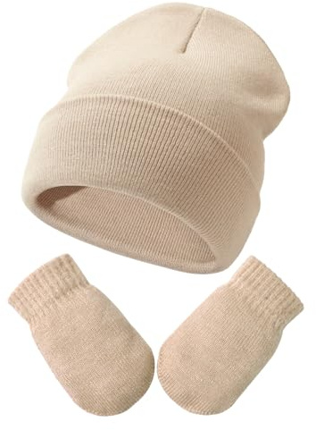 DRESHOW Baby Beanie Hat Mitten Set Infant Toddler Kids Winter Warm Knit Hat with Gloves for 3 Months - 24 Months Girls Boys Children