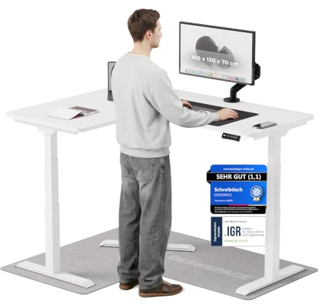 DESKSPACE Corner Eckschreibtisch höhenverstellbar (elektrisch) | Kollisionsschutz und Memory-Funktion, 10 Jahre Gewährleistung (Weißes Gestell, Weiße Tischplatte, 160 x 130 x 70 cm)