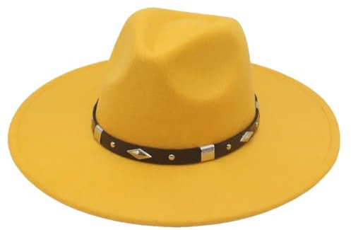 Klassischer Fedora-Hut für Damen, große breite Krempe, Filzhut, Gürtel, Jazz-Hut, Retro-Panama-Hut, gelb L, Einheitsgröße