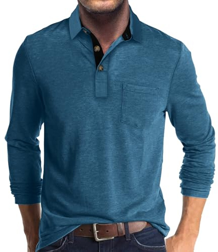 Hopgo Herren Poloshirts Largarm mit Tasche Lässiges Arbeitshemden Pullover Langarmshirt Herren mit Kragen