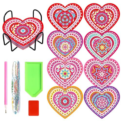 FYting 8 Stück Diamond Painting Untersetzer,Diamond Painting Erwachsene mit Untersetzer Halter,DIY Liebesstart Untersetzer für Nachmittagstee, Familientreffen und Feiertagsessen (Rosa)
