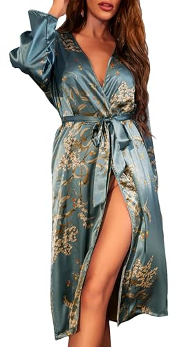 FEOYA Robe de chambre en satin doux pour femme - Robe de nuit longue en soie - Col en V, Vert, L