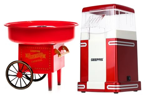 GEEPAS Electric Popcorn Maker Machine & Cotton Candy Maker Retro Set Red | Fresh, Fat-Free Oil-Free Popcorn Popper Candy Floss for Birthdays, Parties
