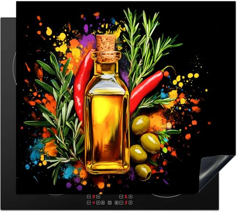 KitchenYeah© Induction Hob Protector Mat Stove Cap Top Cover Kitchen Cooker | 20.5x23.6 / 60x52 cm - Covers for Electric Hobs Vinyl Olive Oil - Graffiti - Pepper - Olives - Modern
