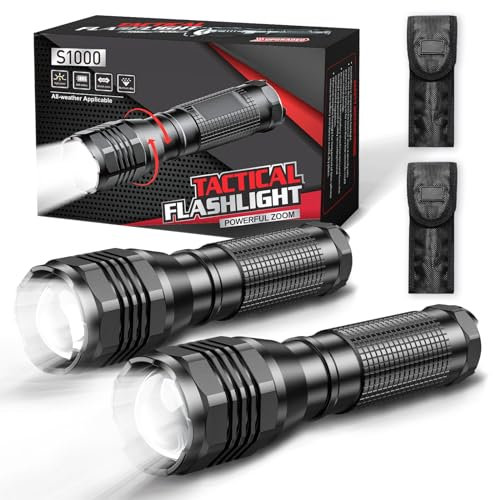 GEARLITE Lampe de Poche LED Ultra Puissante 2 Pièces, 5000 Lumens Lampe Torche Tactique Fonctionne avec Pile, IP65 Étanche Lampe de Poche Aluminium pour Enfant Camping Urgences (3 modes + étui)