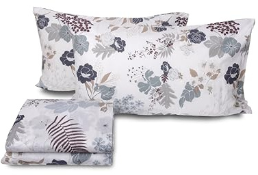 Set Lenzuola Matrimoniali In Cotone Fantasia Floreale, Made In Italy, Lenzuolo Sopra + Lenzuolo con Angoli + Coppia Federa, 100% Cotone, Indaco