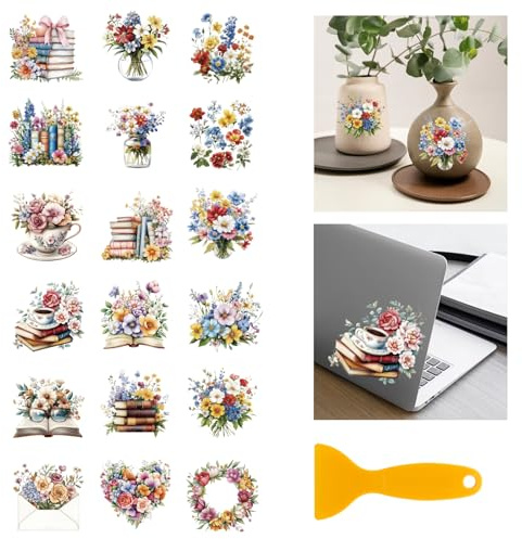 GLOBLELAND 18 Hojas Pegatinas de Transferencia Libros Flores Silvestres 10 x 9 cm para Taza Vaso Mueble