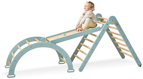 Tutti Bambini 3-in-1 Pikler Indoor Climbing Frame for Toddlers - Montessori Climbing Frame, Pikler Triangle Set with Arch, Rocker & Climbing Wall, Wooden Toddler Climbing Frame Indoor (Ocean Stone)