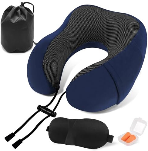 ARTREE Nackenkissen Flugzeug Reisekissen Memory Foam Nackenhörnchen Erwachsene mit Ohrstöpseln Augenmaske und Tragetasche, Weich Atmungsaktiv Nackenkissen Auto Ideal für Reisen Camping Büro