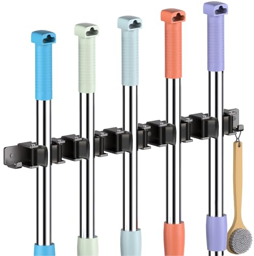 Oamwrae 5 Schlitzen Besenhalterung Wand mit 2 Haken, Besenhalter aus Edelstahl, Robuster Wandhalterung Besen für Badezimmer, Küche, Schrank, Garten und Garage, Werkzeugaufbewahrung, Grau