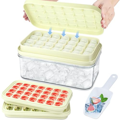 Large Ice Cube Tray, 2 Pack Food-Grade Silicone Ice Cube Trays with Lid, Bin and Scoop, Stackable Square Ice Cube Moulds, Easy Press to Release, Reusable Ice Cubes for Cocktails Coffee (Cream White)