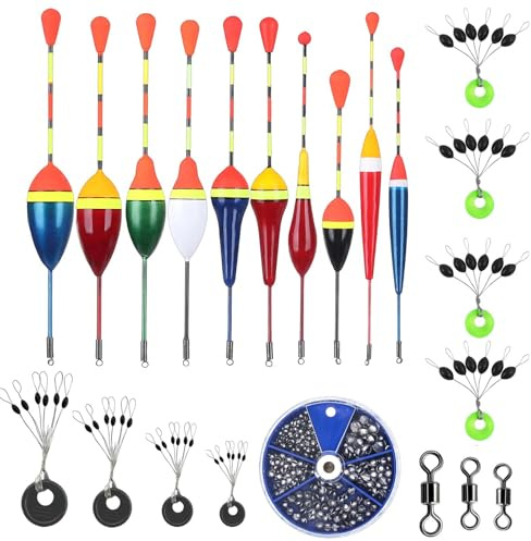 MOAZIFI Angelzubehör Set - 22-teiliges Posen Angeln Set mit 205 Bleischrot, Schwimmern, Gummistopper und Wirbeln für Süßwasser- und Meeresangeln ﻿ ﻿