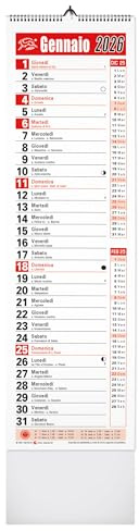 Calendario 2026 Olandese Spiralato, 5 pezzi, con Santi, Festività, Fasi Lunari, Mesi Adiacenti, 11,5x48,5 cm, Vari Colori 02 (ROSSO)