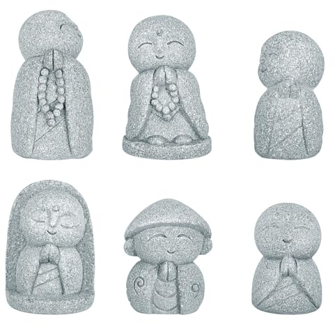 Lot de 6 mini statues de Bouddha Jizo de style japonais | Adorable décoration de jardin zen | Parfait pour les bureaux, la maison et l'extérieur
