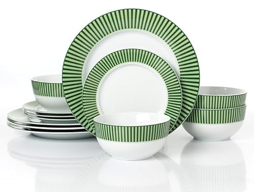 Waterside 12pc Green & White Stripe Porcelain Dinner Set; 4 Dinner Plates, Side Plates & Deep Bowls - Dishwasher & Microwave Safe