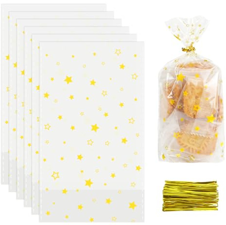 100 Stück Cellophantüten Weihnachten, 9x16cm Bodenbeutel Goldene Sterne, Klein Kekstüten Plätzchentüten Gebäcktüten Weihnachten Transparente, Zellophantüten mit Boden für Süßigkeiten Geschenk