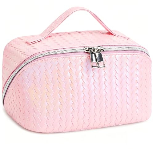TINYAT Travel Makeup Bag for Women Open Flat Cosmetic Bags Leather Toiletry Bag Waterproof Pouch Travel Essentials Organizer