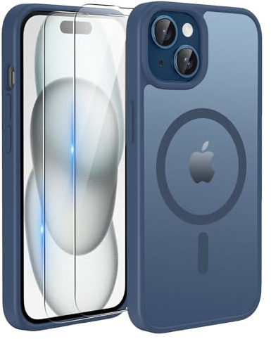 TQIAHF Magnetic Phone Case Cover for iPhone 15,Blue | with 2 Tempered Glass Screen Protector Compatible with MagSafe Military Grade Shockproof Protective Slim Translucent Matte