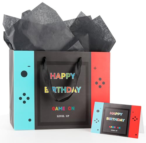 Tookala Game on Papier Geschenktüte Geburtstag Kinder Jungen, 32 x 25 x 11 cm Geschenktasche Geburtstag, Happy Birthday Geschenktüte mit Seidenpapier und Grußkarte, Tragetaschen für Partygeschenke