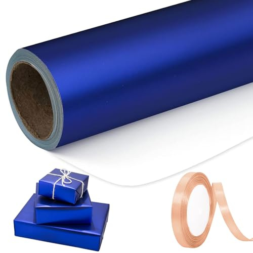 Blau Geschenkpapier - 44 cm x 10 m Einfarbiges und mattes blaues Geschenkpapier Glitzer, Geschenk Papier, Metallisches blaues Geschenkpapierrolle für Weihnachten Hochzeit Geburtstag Valentinstag