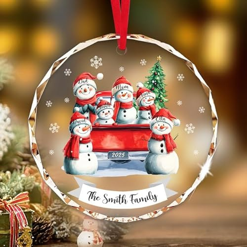 Personalisierte Weihnachtskugel mit Namen - Familie von 2,3,4,5,6,7,8 Schneemann, Roter Lastwagen, Geschenk aus Glas, Christbaumkugeln Personalisiert