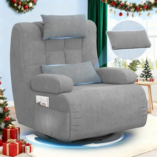 Gegcucey 3 in 1 Poltrona Relax,360° Poltrona Girevole, Sedia Imbottita Oversize con Schienale Alto, 2 Cuscini Extra, 2 Tasche Laterali, Cuscino e Schienale Imbottiti (Grigio Chiaro)