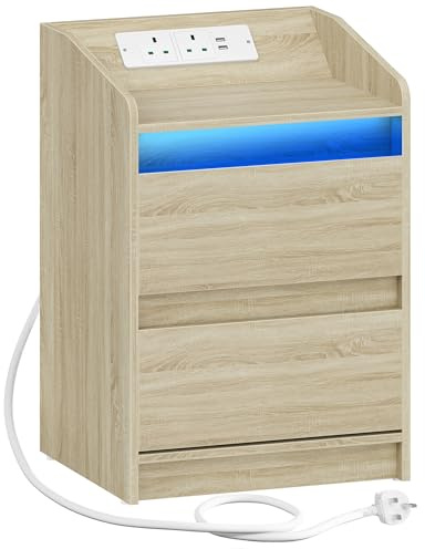 Hzuaneri Bedside Table with Charging Station & LED Lights, White Oak | Bedside Cabinet with 2 Drawers, Nightstand with USB Ports & Power Outlet for Living Room and Bedroom, NS30016XUK