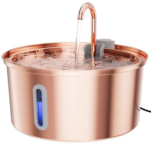 Kittyspout Fontana per gatti da 3,2 l, in acciaio inox, con 3 filtri e finestrella | Fontana particolarmente silenziosa per gatti e cani di piccola taglia, con delicata illuminazione a LED, superficie in rame
