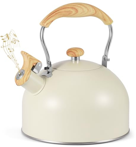 Stove Top Kettle, 2.5L Stainless Steel Whistling Kettle | Wood Handle, Loud Whistle, Anti-Rust, Suitable for Gas, Induction & All Hobs, Cream Finish