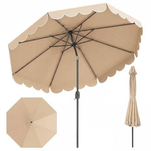 COSTWAY Sonnenschirm 300 cm, Gartenschirm mit Kurbel und Volant, beidseitig um 30° knickbar, Terrassenschirm, Marktschirm für Garten, Balkon, Terrasse (Beige)