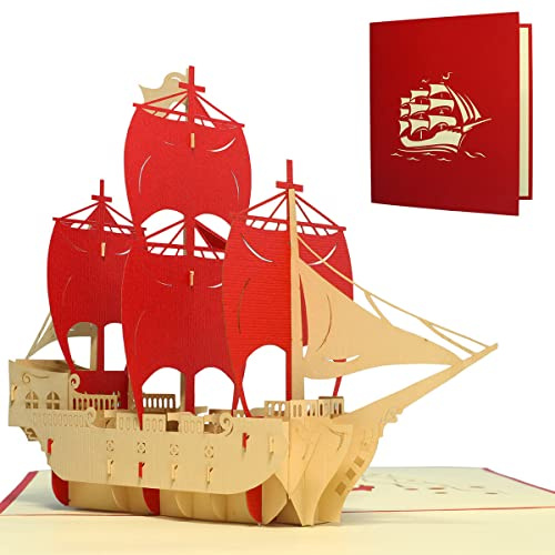 LINPopUp®, LIN17055, gratulationskort 3D-kort transportkort gratulationskort kupong samlarkort fartyg båt segel stort rött piratfartyg rött, N114