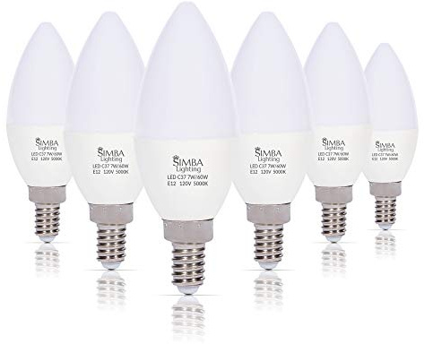 Simba Lighting LED Candelabra Light Bulbs B11 (C37) Candle Shape E12 Base (6 Pack) | Decorative 7W 60W Replacement 110V, 120V for Chandelier, Ceiling Fan, PC Cover, Non-Dimmable, Daylight 5000K