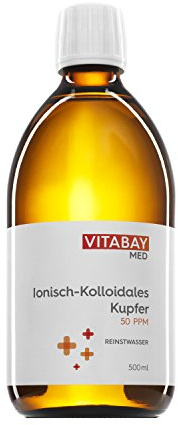 Vitabay Kolloidales Kupfer 50 PPM • 500 ml • Hochdosiert | Reinheitsstufe 99,99% • Ohne weitere Zusätze • Abgefüllt in einer Braunglasflasche • Made in Germany