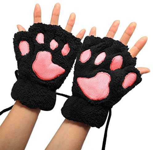MAKFORT Fingerlose Handschuhe Winter Katze Plüsch Handschuh Schwarz