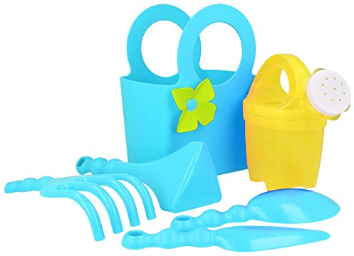 com-four® 6-teiliges Gartenwerkzeug-Set für Kinder - Utensilien für Pflanzenpflege - Kinder-Gartengeräte fürs Beet - Gießkanne, Hacke, Schaufel, Kelle, Harke, Tragetasche - Strandzubehör (blau/gelb)