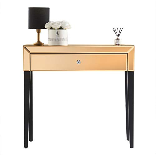 CARME - Toeletta Laguna Specchio, 1 Cassetto, Maniglia in Cristallo, Design Moderno in Vetro, Tavolo da Toilette per Gioielli e Cosmetici, Mobile Camera da Letto, Colore Oro Rosa