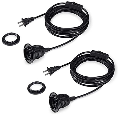 HESSION 2-Pack 15 Feet Plug in Pendant Light, Black Extension Hanging Lantern Cord Cable with in-Line On/Off Switch, E26 E27 Socket