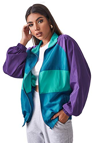 SweatyRocks Women's Lightweight Windbreaker Patchwork Zipper Sport Jacket Coat Outerwear Purple Blue S