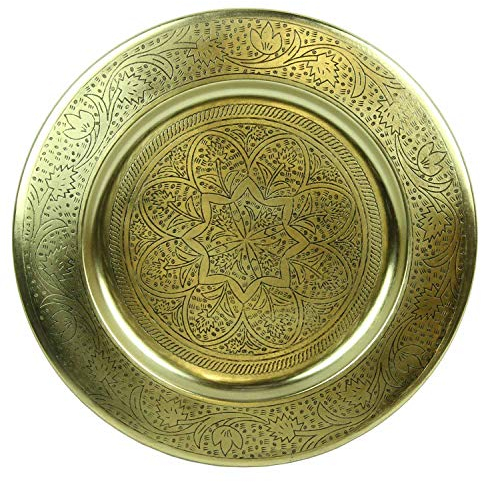 Marokkanisches Serviertablett Nermin Ø 50 cm rund aus Metall in Antik-Gold Look orientalisches Teetablett aus Marrakesch Boho Chic Ostern Muttertag Tablett Tisch-Deko TTB508G