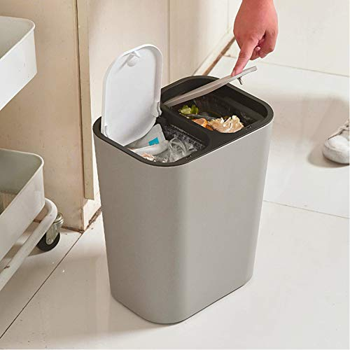 Warmiehomy Dry and Wet Separation Trash Can Large Rubbish Bin with 2 Lids Push Type Waste Bin for Kitchen Office Living Room Double Compartment (Grey)