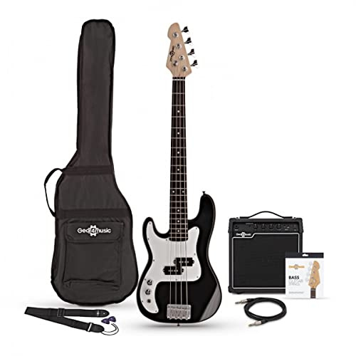 3/4 Linkshänder-Bassgitarre LA von Gear4music schwarz mit 15W Amp | Perfekter Bass für Jüngere Linkshänder-Anfänger, Klarer Druckvoller Ton, Leichter Paulownia-Korpus, 15W-Set