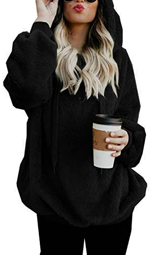 Hormtaer Hoodie Damen Oversize Teddy Pullover Teddyjacke Pulli Teddy Fleece Sweatshirt Kapuzenpullover Fleecejacke Kapuzenpulli Warm Langarm Lose Winter Tops Oberteile Casual mit Tasche