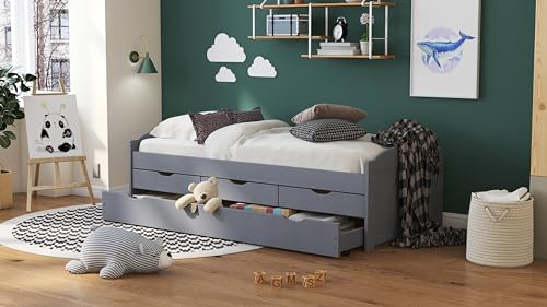 Inter Link - Cama nido - Cama con almacenaje - Cama con cajones - Cama banco - 2 camas 90 x 200 cm - 3 cajones de almacenaje - Madera maciza - con somier de láminas - Gris - Lena 90 x 200 cm